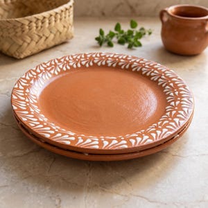 May include: A stack of two round terracotta plates featuring a smooth, unglazed center and a decorative rim painted with a repeating white leaf-like pattern. The plates have a warm, earthy orange tone and a flat, circular design with a wide border.
