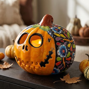May include: A ceramic pumpkin lantern featuring a glossy orange face with cut-out eyes and a stitched mouth. One side is decorated with a black background, colorful floral patterns, and a small spider. A warm light glows from within the hollow interior.