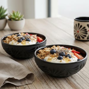 May include: Two black ceramic bowls filled with yogurt, granola, blueberries, and sliced strawberries. The bowls have a leaf pattern on the outside. A beige napkin and a floral-patterned mug are also visible.