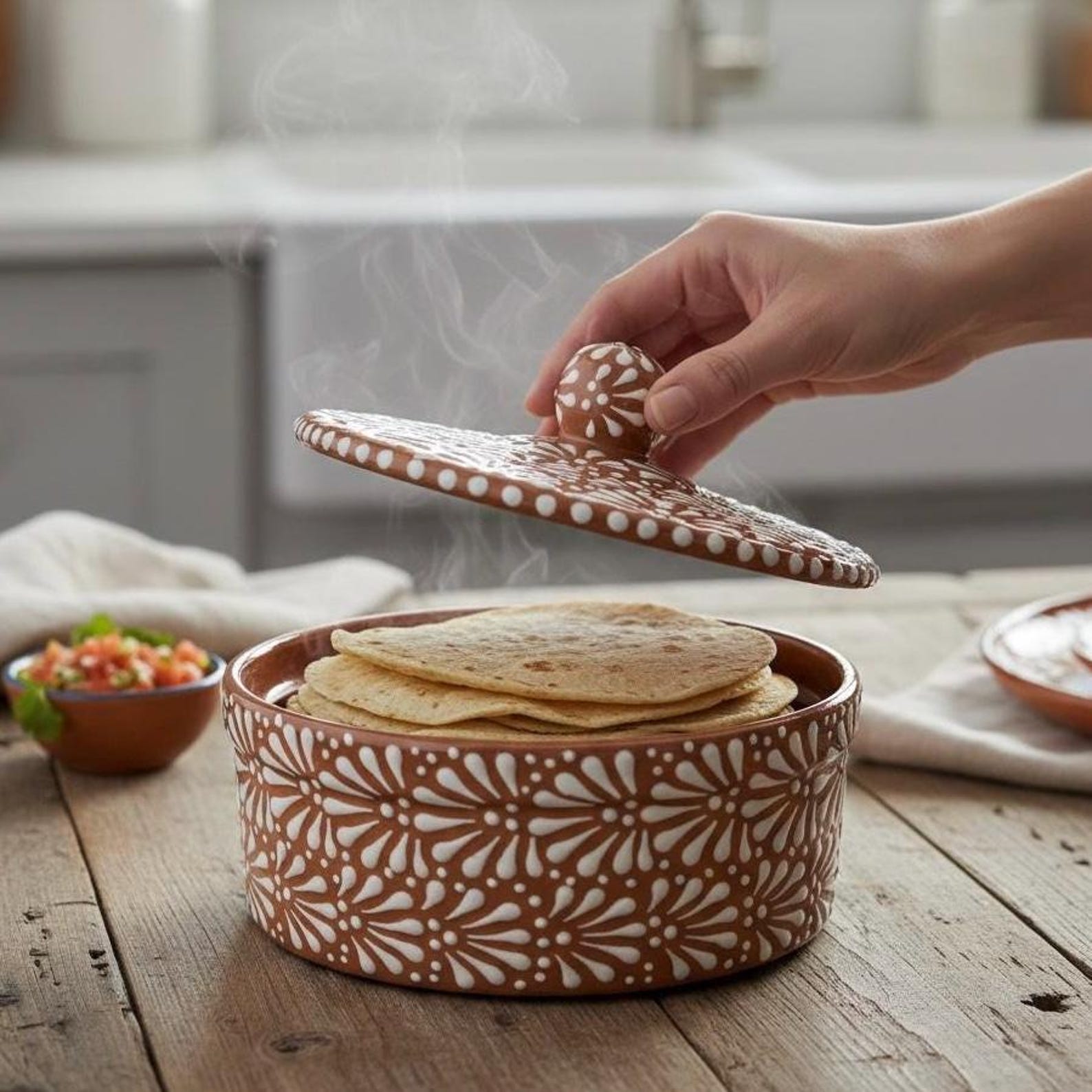 Hand Painted Talavera Tortilla Warmer “Tortillero”, Brown & White Cielito Lindo