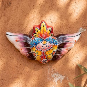 Hand Painted Mexican Talavera Winged Sacred Heart Wall Decor, Small, Pink Gradient Wings