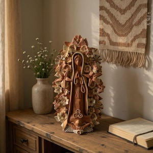 Handmade Medium Natural Brown Clay and Neutrals Rustic Mexican Folkart Virgin Mary “Virgen de Guadalupe” (Virgencita de Barro)