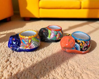 Cute Hand Painted Talavera Sleeping Cat Planter Pot – Assorted Colors (Varying Design)