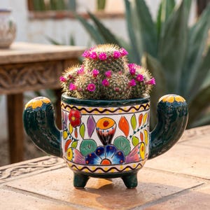 Hand Painted Mexican Talavera Cactus Planter Pot, Dark Green, Multicolor on White