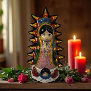 Cute Hand Painted Virgin of Guadalupe Talavera Candle Light Figure (Varying Design)