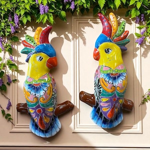 Hand Painted Talavera Love Birds Cockatoo Garden Wall Decor – Set of 2