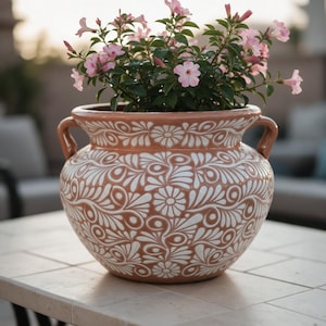 May include: A terracotta planter with two side handles featuring a white hand-painted floral and swirling pattern. The round pot contains a green plant with small light pink flowers blooming from the top, creating a contrast of colors.