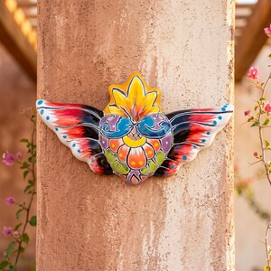 Hand Painted Mexican Talavera Winged Sacred Heart Wall Decor, Small, Red Gradient Wings
