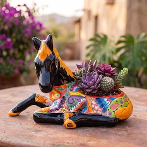 May include: A ceramic horse-shaped planter featuring a glossy black finish with vibrant orange, purple, green, and red painted patterns. The horse is in a reclining position, and its back serves as a container holding several small succulents.