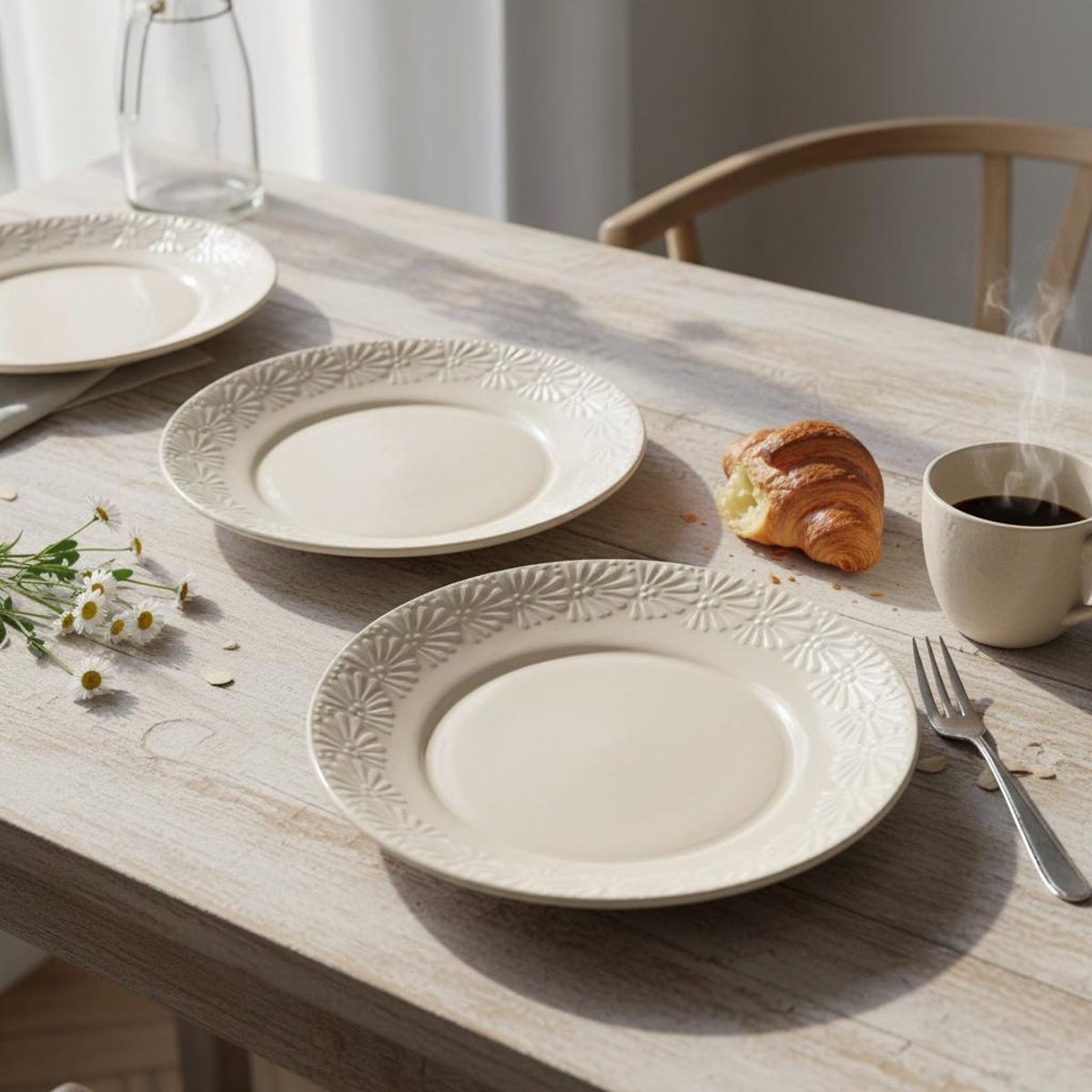 Hand Painted Mexican Talavera Dinner Plate, Ivory & White Cielito Lindo – Set of 2