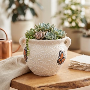 Hand Painted Mexican Talavera Planter Pot with Handles, Tabletop Medium, Ivory & White, Cielito Lindo, Monarch Butterflies