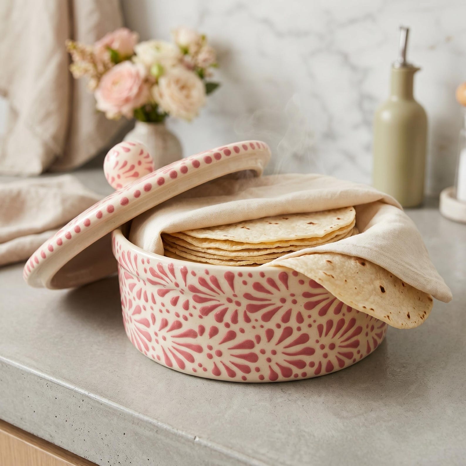 Hand Painted Talavera Tortilla Warmer “Tortillero”, Ivory & Pink Cielito Lindo