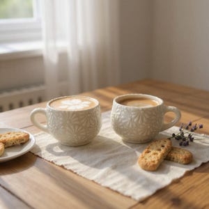 Hand Painted Mexican Talavera Small Mug, Ivory Cream & White, Cielito Lindo – Set of 2