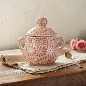 Hand Painted Mexican Talavera Sugar Bowl w/ Lid “Azucarera”, Ivory & Pink, Cielito Lindo