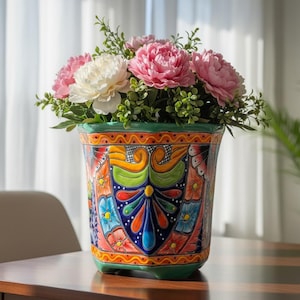 Hand Painted Mexican Talavera Octagonal Planter Pot, Medium, Teal Green Multicolor
