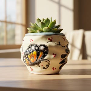 Hand Painted Mexican Talavera Wavy Planter Pot, Mini, Butterflies & Sunflowers on Cream