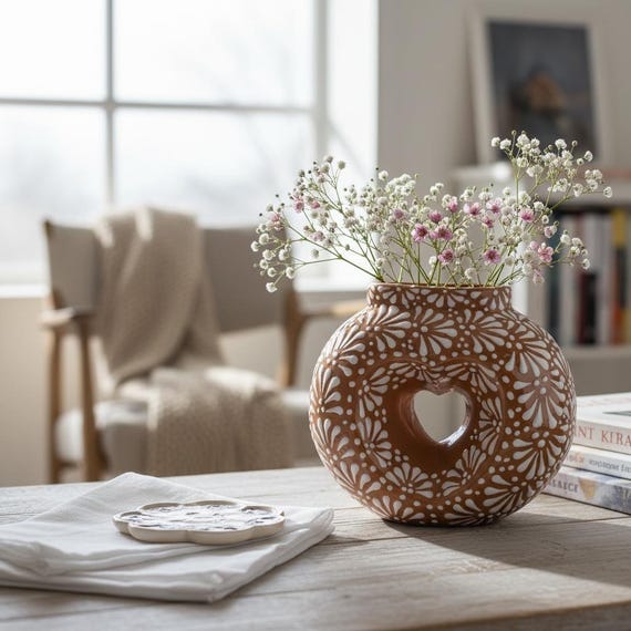 Hand Painted Mexican Talavera Heart Donut Vase, Brown & White Cielito Lindo