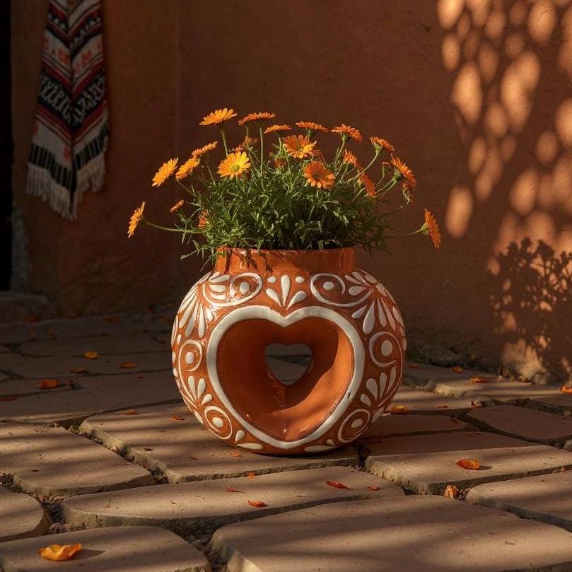Hand Painted Mexican Talavera Brown and White Floral Heart Donut