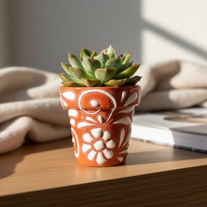Hand Painted Mexican Talavera Standard Planter Pot, Mini, Brown & White Signature Floral