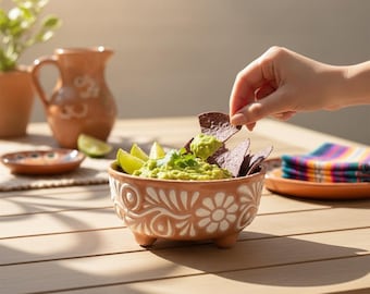 Hand Painted Talavera Molcajete Salsa Bowl, Beige & White Signature Floral