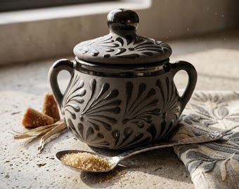 Hand Painted Mexican Engobe Sugar Bowl w/ Lid “Azucarera”, Charcoal Gray & Black, Cielito Lindo
