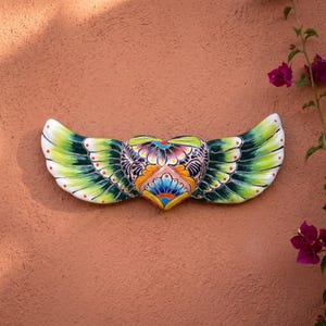 Hand Painted Mexican Talavera Winged Sacred Heart Wall Decor, Green Gradient Wings, Multicolor