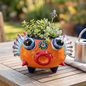 Hand Painted Mexican Talavera Folkart Pufferfish Planter Pot, Orange & Green Flower