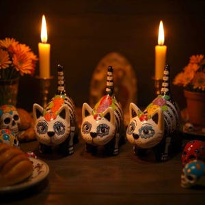Cute Day of the Dead Hand Painted Talavera Floral Spooky Skeleton Cat Figure (Varying Design)