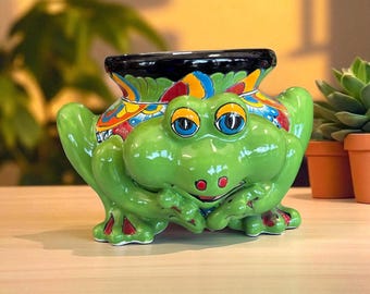 Hand Painted Talavera Vibrant Green Frog Outdoor Planter Pot (Varying Design)