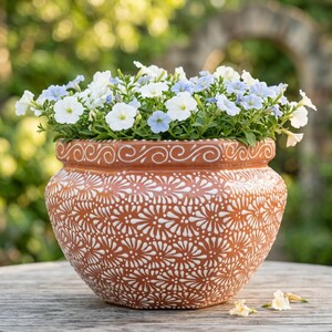 May include: A terracotta planter with a white painted floral pattern and a decorative swirl border at the rim. The pot is filled with a dense arrangement of small white and light blue flowers with green leaves, creating a vibrant contrast.