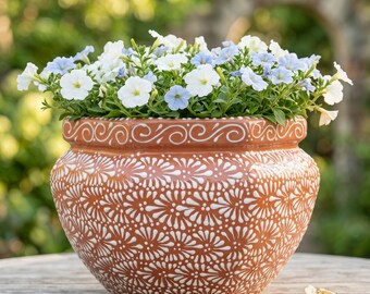 May include: A terracotta planter with a white painted floral pattern and a decorative swirl border at the rim. The pot is filled with a dense arrangement of small white and light blue flowers with green leaves, creating a vibrant contrast.