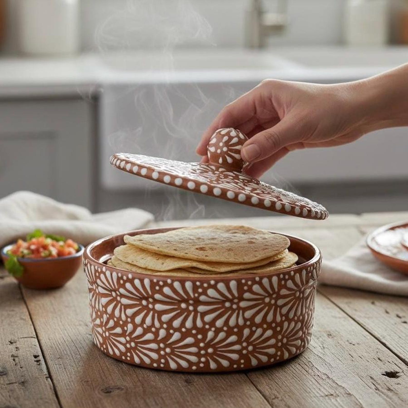 Hand Painted Talavera Tortilla Warmer “Tortillero”, Brown & White Cielito Lindo