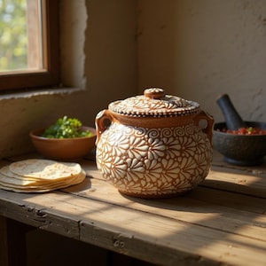 Hand Painted Rustic Talavera Frijolera-Style Tureen “Sopera”, Brown & White Cielito Lindo