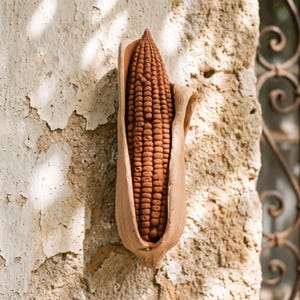 Hand Sculpted Clay Mexican Folkart Maize Figure, Small, Brown & Pastel Cream Husk
