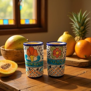Beautiful Hand Painted Dark Blue Rim Floral Talavera Tumbler Cup – Assorted Sizes