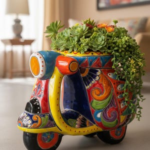 Hand Painted Mexican Talavera Vintage Scooter Planter Pot, Yellow Rim
