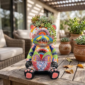 Hand Painted Mexican Talavera Teddy Bear Planter Pot, Black Rim, Multicolor