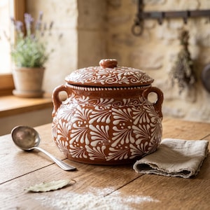 Hand Painted Mexican Talavera Frijolera-Style Tureen “Sopera”, Brown & White, Cielito Lindo