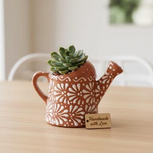 Hand Painted Mexican Talavera Watering Can Planter Pot, Mini, Brown & White Cielito Lindo