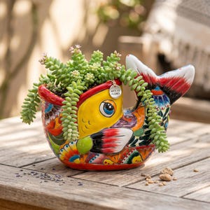 Hand Painted Mexican Talavera Small Bass Planter Pot, Yellow