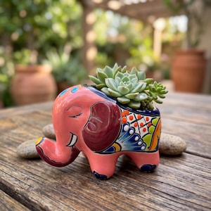 May include: A pink ceramic elephant planter featuring a glossy finish, dark red ears, and colorful hand-painted floral patterns in blue, orange, and green. A green succulent plant is potted inside the elephant's back, which has a smooth surface.