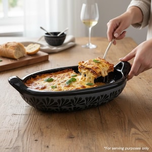 Hand Painted Engobe Oval Serving Bowl with Handles, Charcoal & Black Cielito Lindo