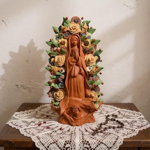 Handmade Small Brown Clay & MultiColor Rustic Mexican Folkart Virgin Mary “Virgen de Guadalupe” (Virgencita de Barro)