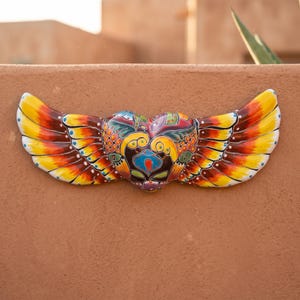 Hand Painted Mexican Talavera Winged Sacred Heart Wall Decor, Orange Gradient Wings, Multicolor
