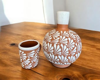 Hand Painted Brown Clay and White Mexican Water Jug with Mug Cup “Botellon Con Vaso”