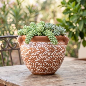 Hand Painted Mexican Talavera Planter Pot with Handles, Tabletop Large, Brown & White, Cielito Lindo