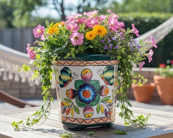 Hand Painted Mexican Talavera Octagonal Planter Pot, Medium, Emerald Green Multicolor