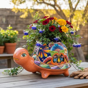 Hand Painted Mexican Talavera Turtle Planter Pot, Salmon Multicolor