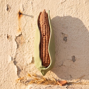 Hand Sculpted Clay Mexican Folkart Maize Figure, Small, Brown & Pastel Green Husk