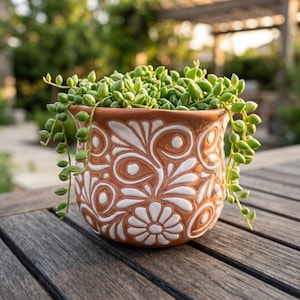 May include: A terracotta ceramic planter with a white embossed floral and swirl pattern containing a trailing string of pearls plant with small round green leaves cascading over the sides of the pot, creating a lush and vibrant display.